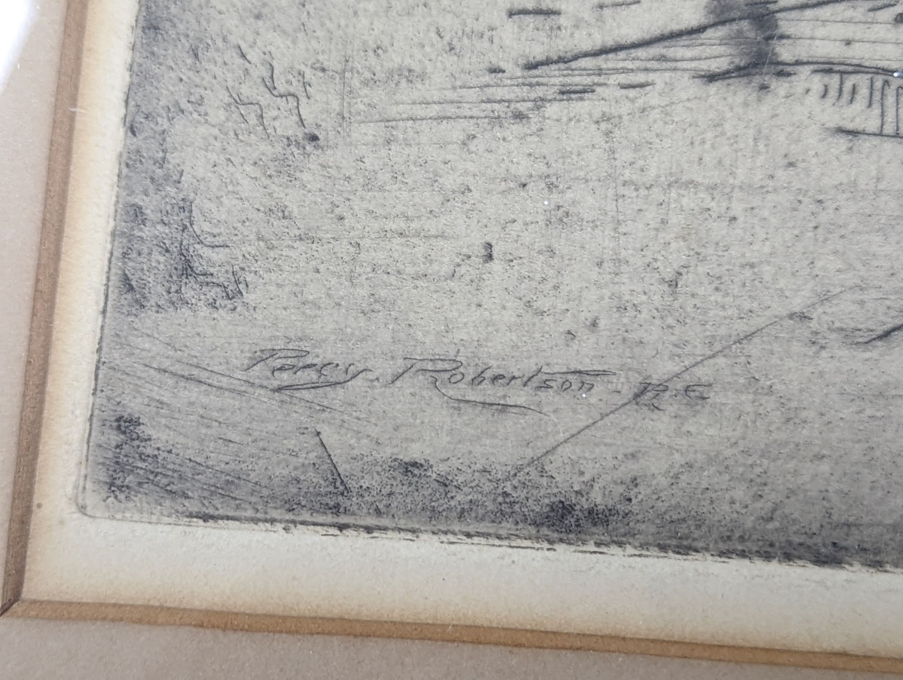 Percy Robertson (1868-1934), etching, View along the Thames with the Tower of London, signed in pencil, 18 x 25cm